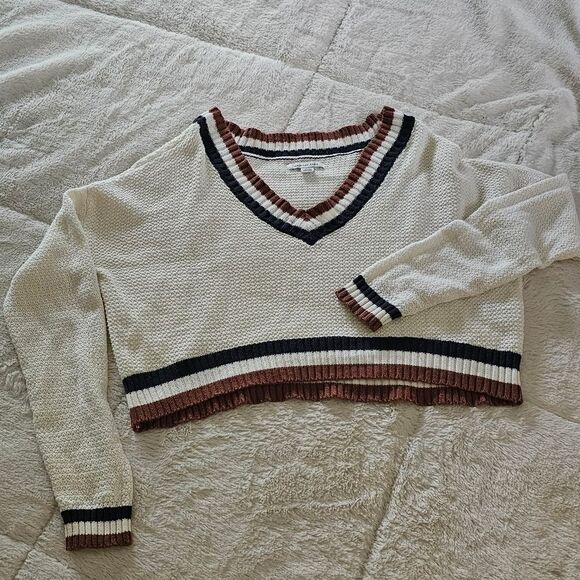 American Eagle Outfitters Cream V-Neck Cropped Sweater Stripes Size XS - Picture 7 of 7